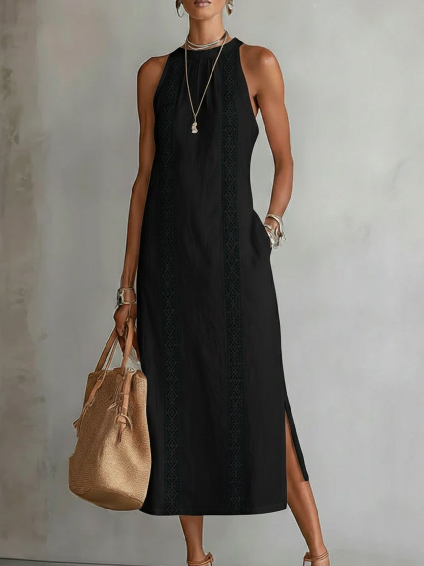 Lace Panel Relaxed Fit Midi Summer Dress with Side Slits and Pockets for Women