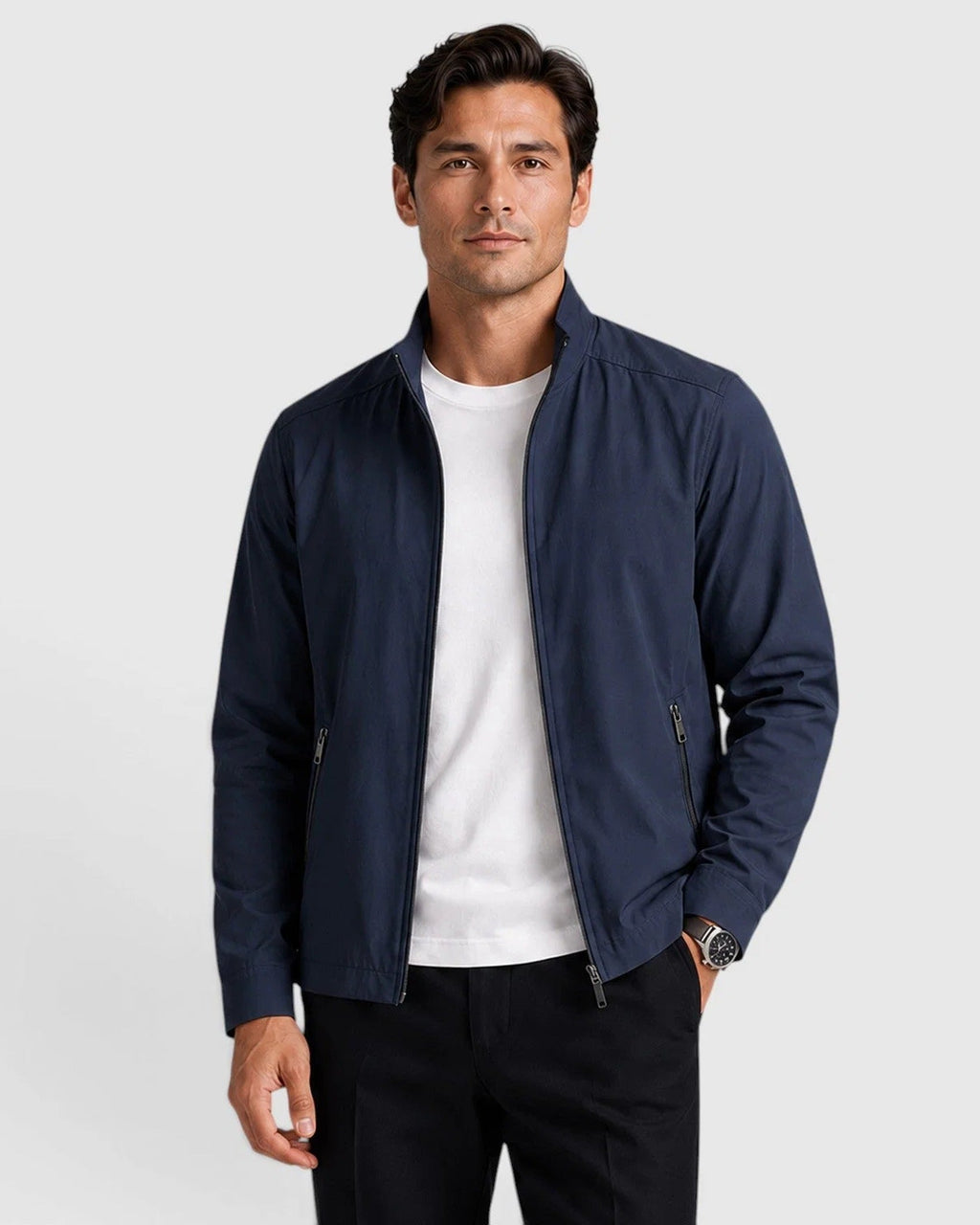 Textured Woven Zip Front Jacket with Structured Collar for Men