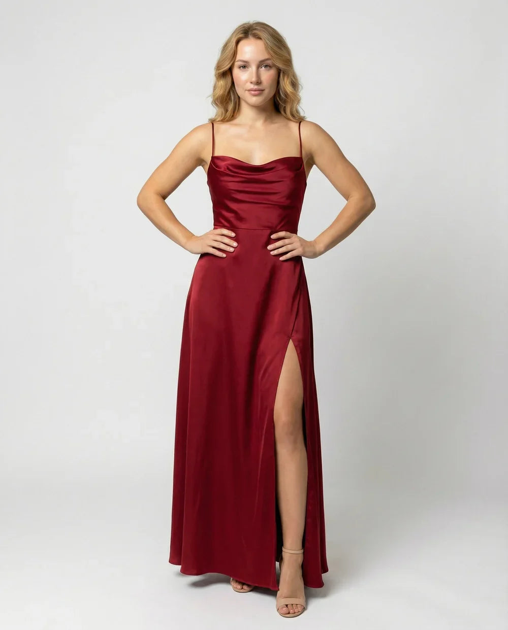 Satin Slit Maxi Dress with Ruched Neckline for Women | Evening Party Wear