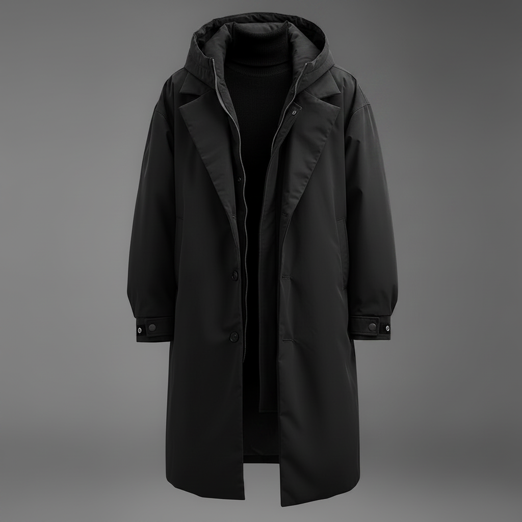 Waterproof Hooded Long Trench Coat with Zip and Button Closure for Men