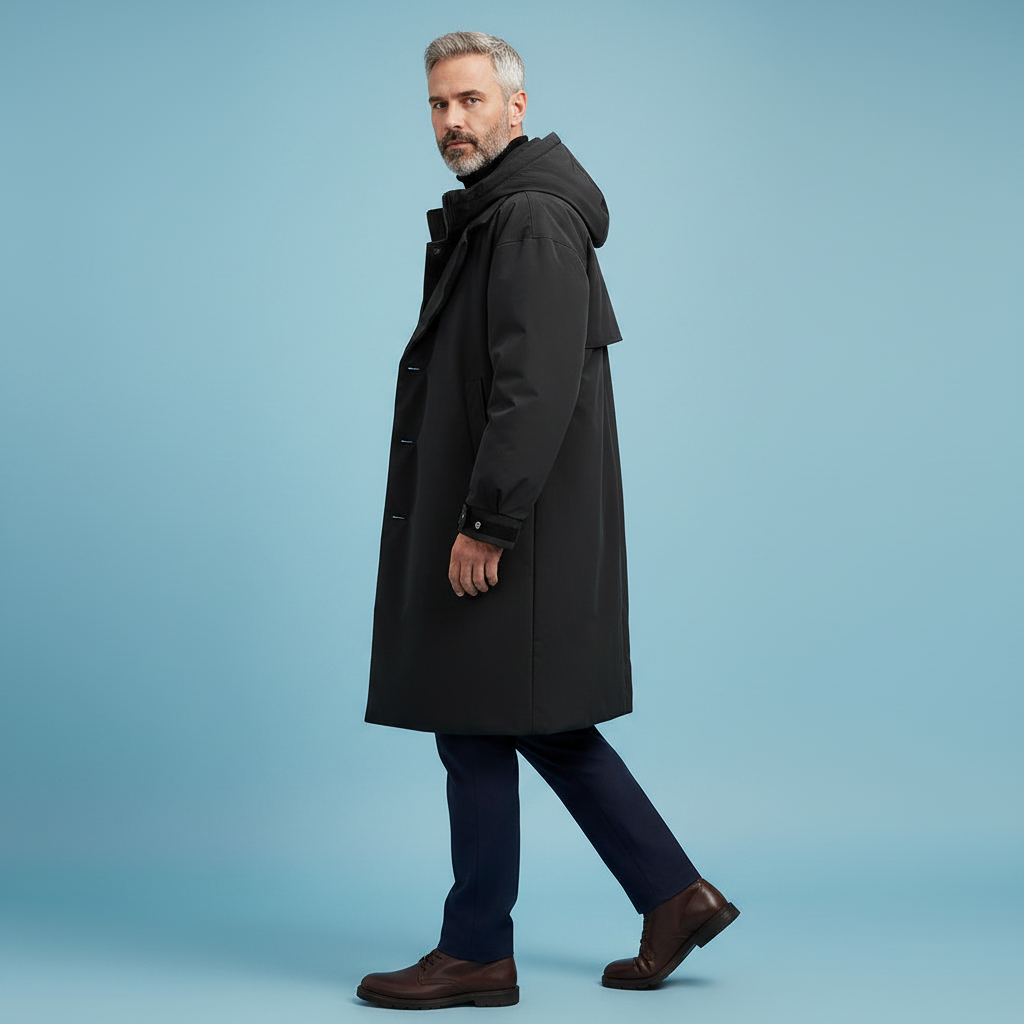 Waterproof Hooded Long Trench Coat with Zip and Button Closure for Men