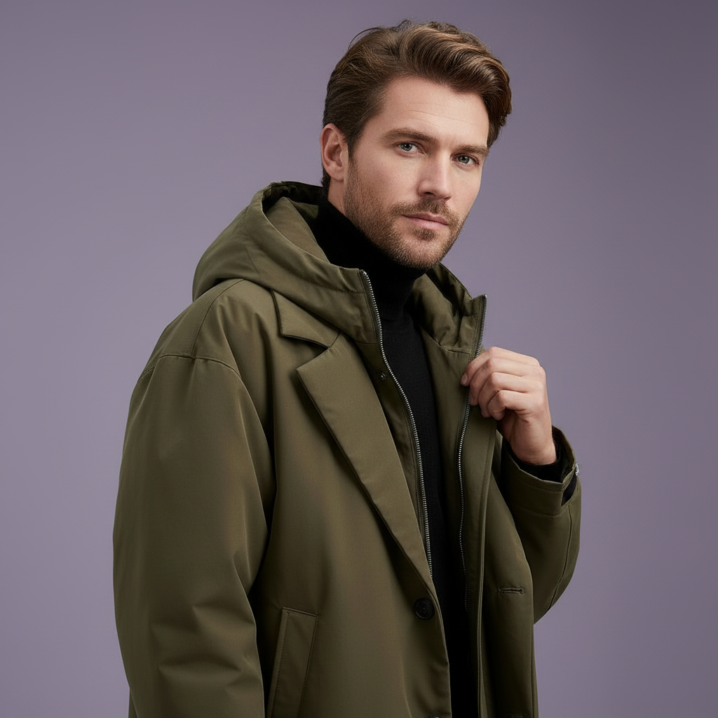 Waterproof Hooded Long Trench Coat with Zip and Button Closure for Men