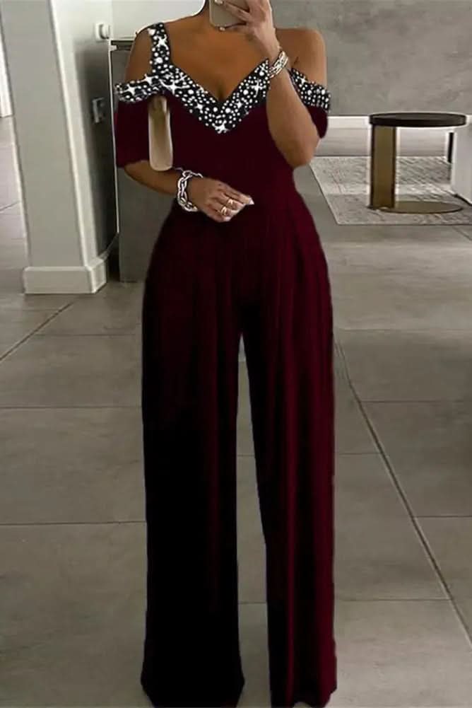 Sparkle Rhinestone High Waist Jumpsuit for Women | Evening Party