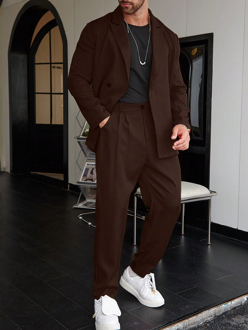 Slim Fit Two Piece Tailored Business Suit Set with Blazer and Pants for Men