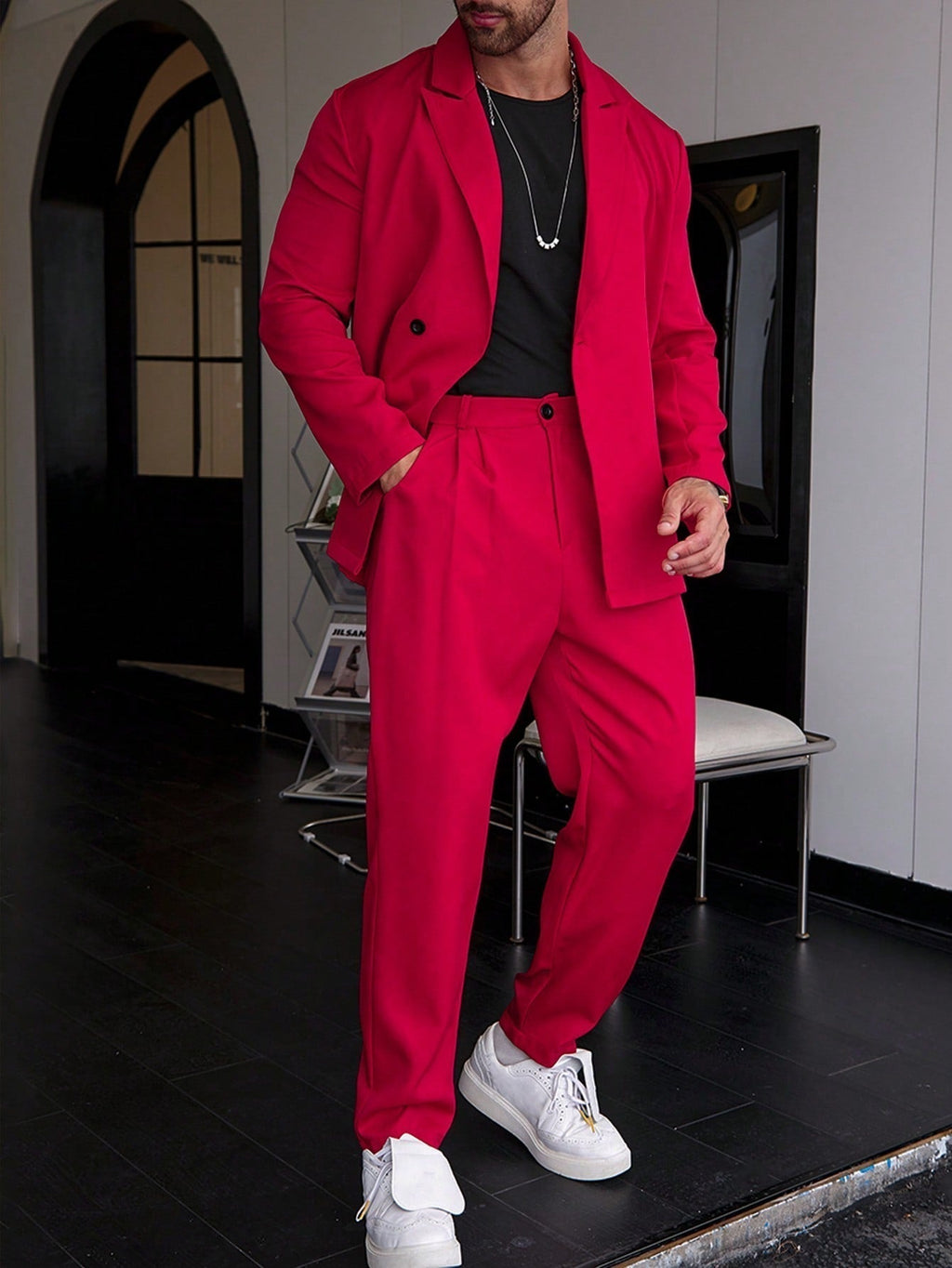 Slim Fit Two Piece Tailored Business Suit Set with Blazer and Pants for Men