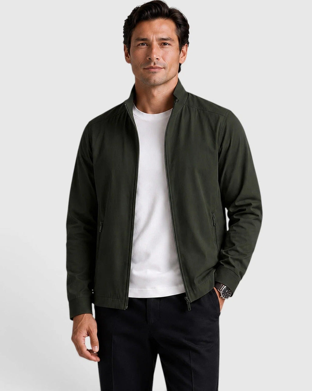 Textured Woven Zip Front Jacket with Structured Collar for Men