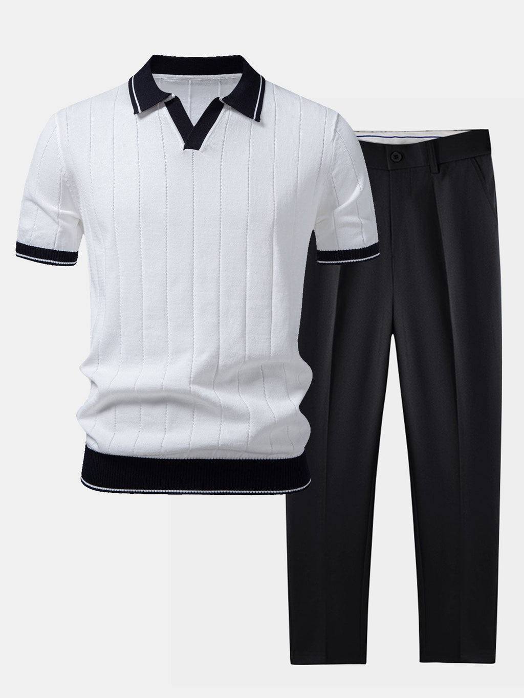 Contrast Trim Knit Polo and Tapered Pants Set for Men | Smart Casual Outfit