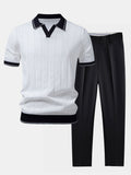 Contrast Trim Knit Polo and Tapered Pants Set for Men | Smart Casual Outfit