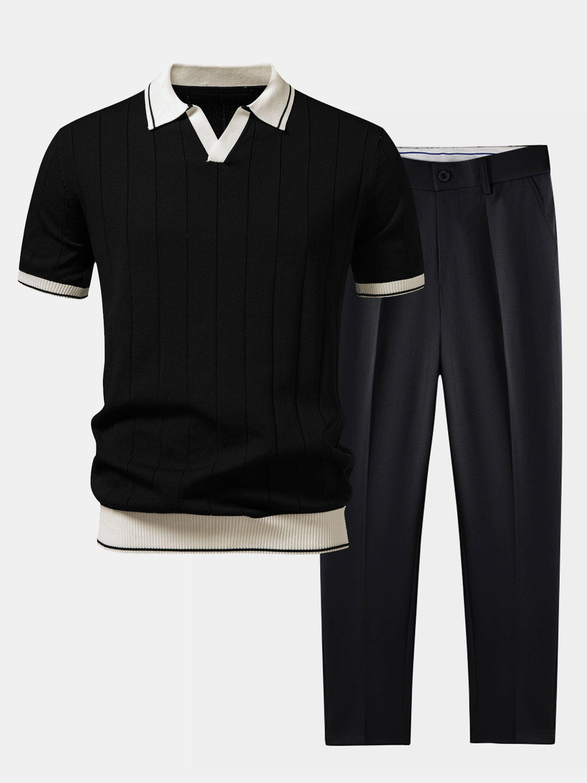 Contrast Trim Knit Polo and Tapered Pants Set for Men | Smart Casual Outfit