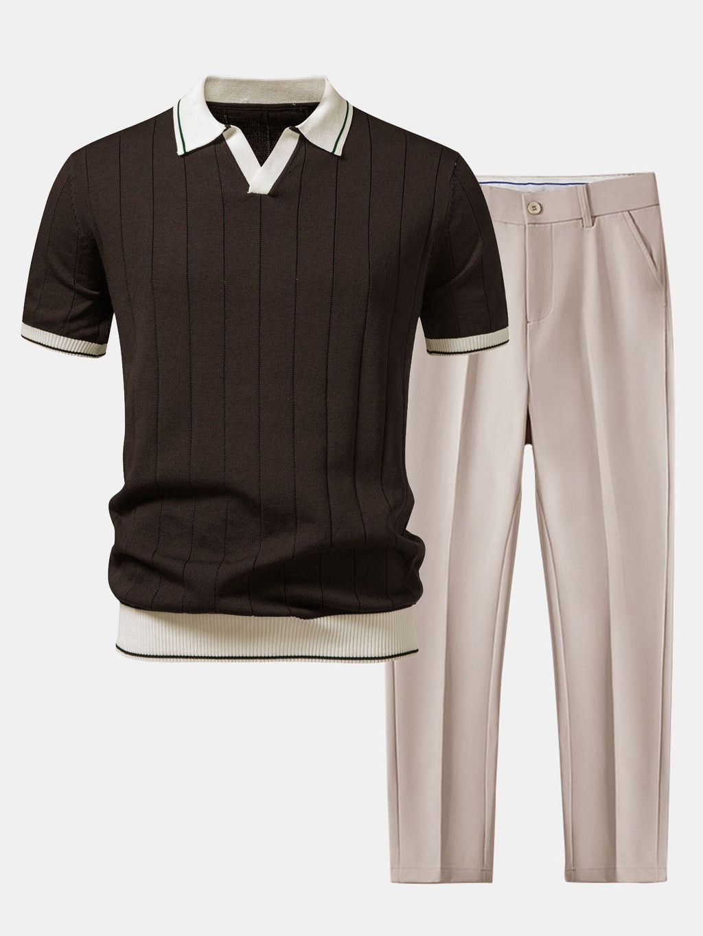 Contrast Trim Knit Polo and Tapered Pants Set for Men | Smart Casual Outfit