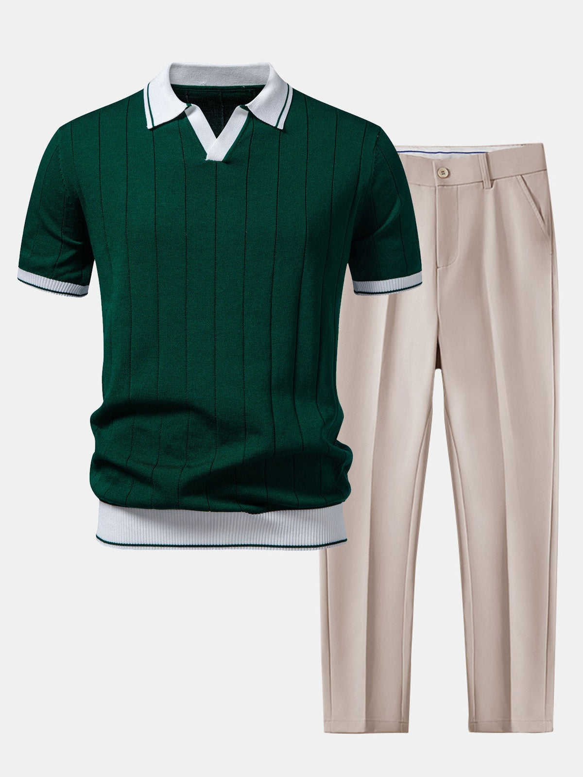Contrast Trim Knit Polo and Tapered Pants Set for Men | Smart Casual Outfit