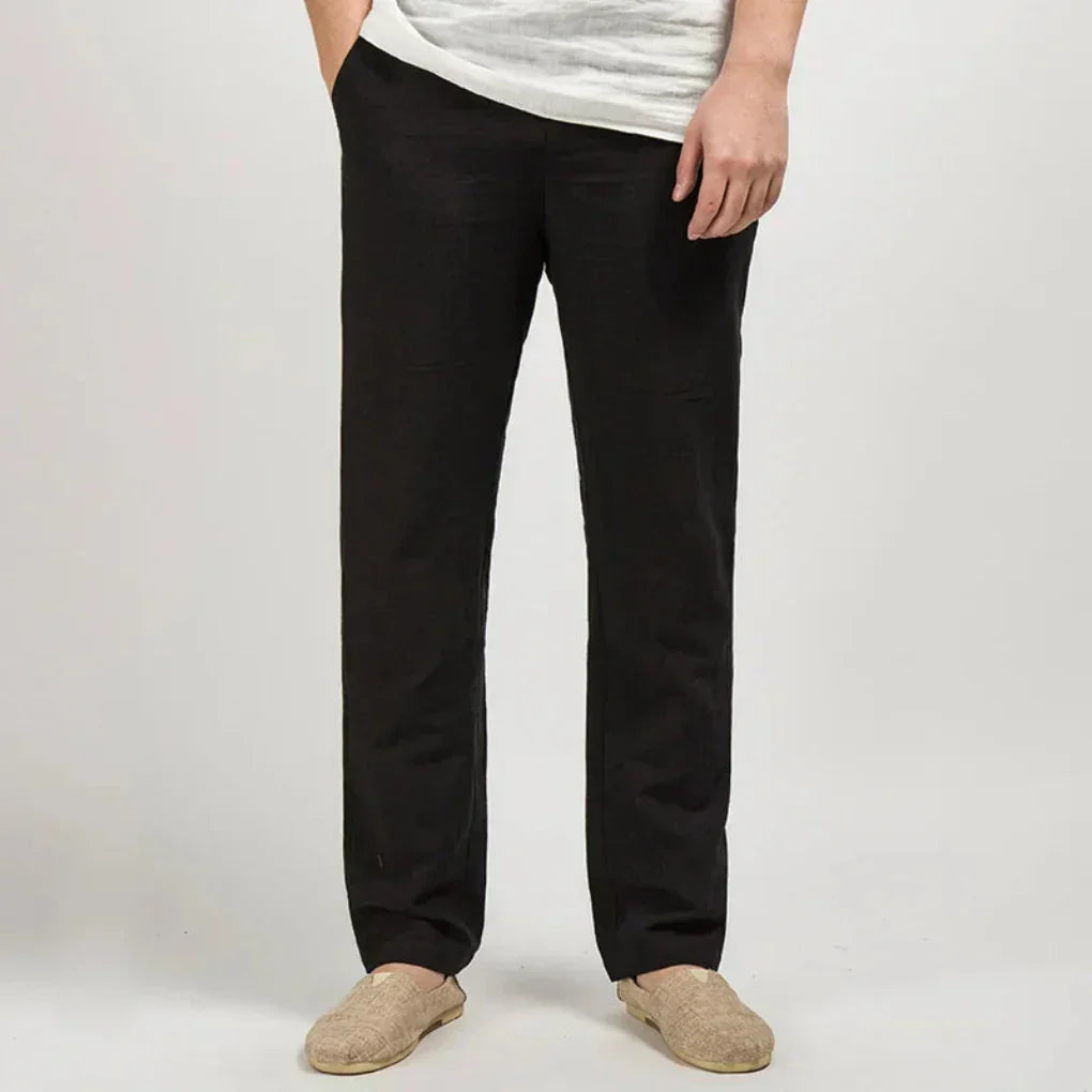 Beige Linen Relaxed Fit Straight Leg Pants for Men | Lightweight Fabric