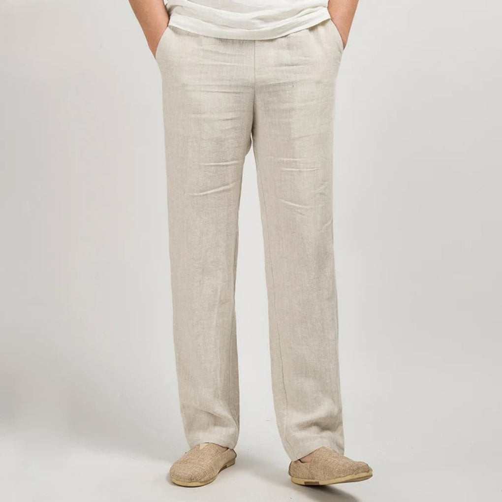 Beige Linen Relaxed Fit Straight Leg Pants for Men | Lightweight Fabric