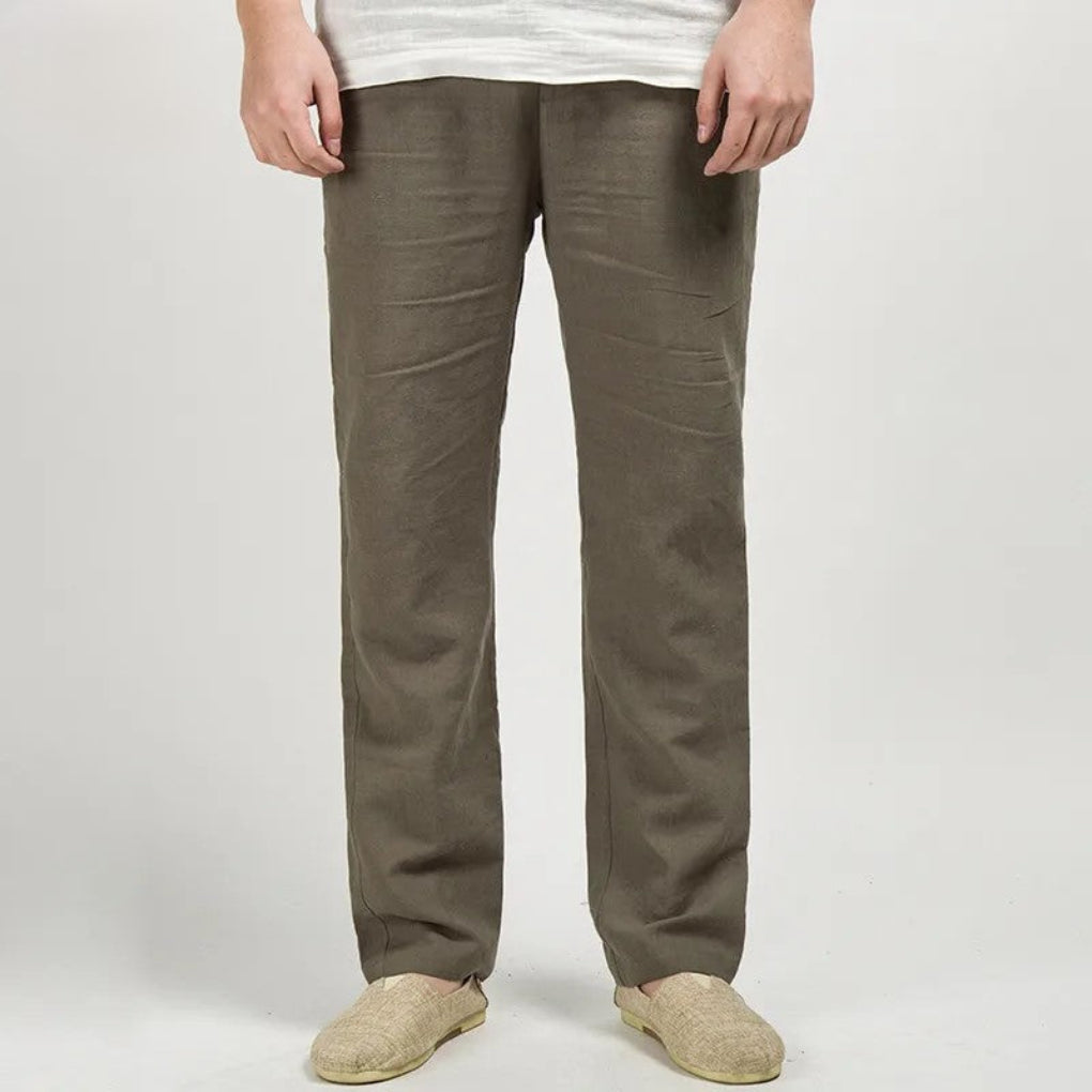 Beige Linen Relaxed Fit Straight Leg Pants for Men | Lightweight Fabric