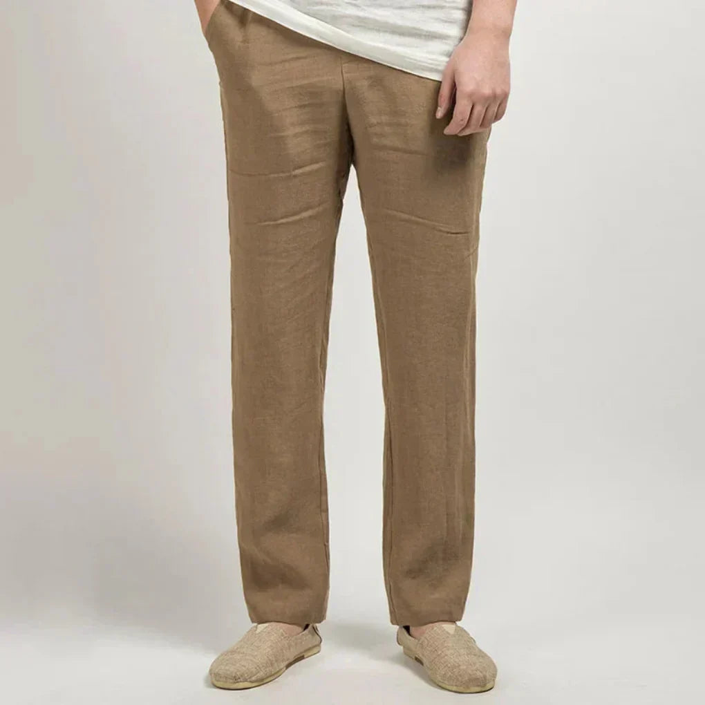 Beige Linen Relaxed Fit Straight Leg Pants for Men | Lightweight Fabric