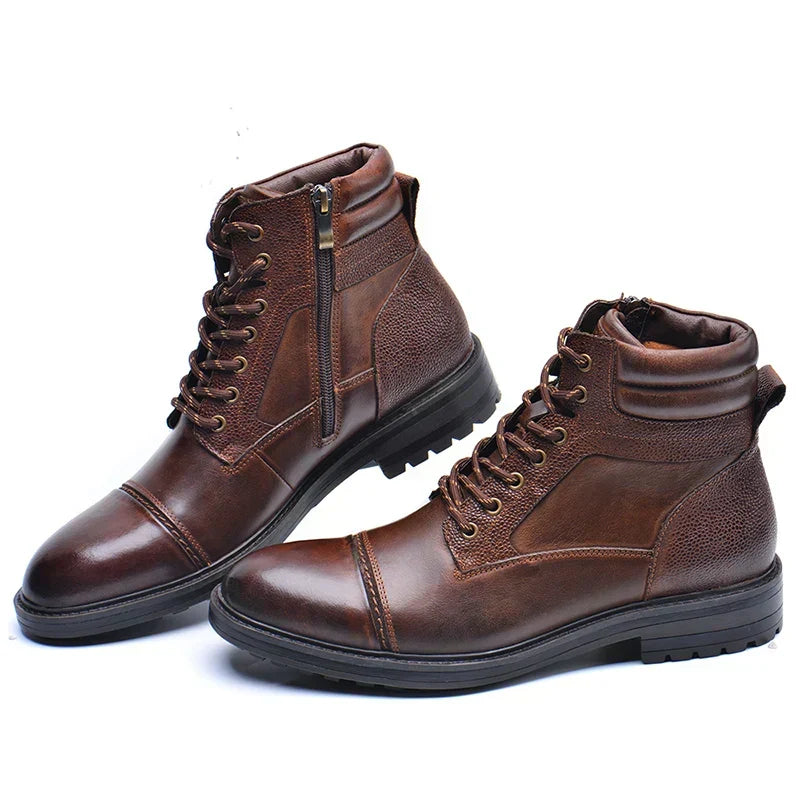 Brown Leather Lace Up Boots with Side Zipper for Men | Casual Work Style