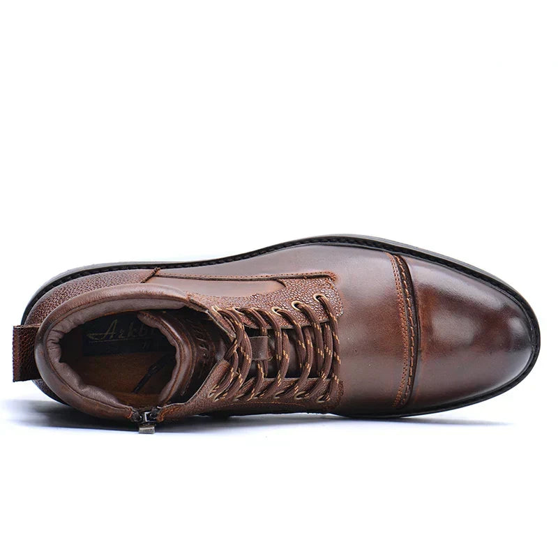 Brown Leather Lace Up Boots with Side Zipper for Men | Casual Work Style