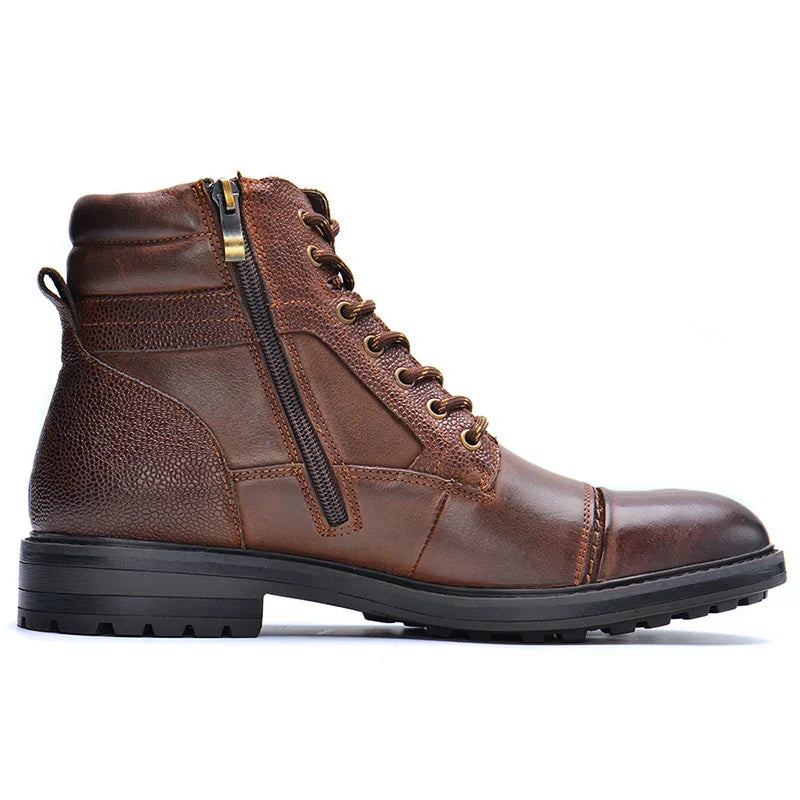 Brown Leather Lace Up Boots with Side Zipper for Men | Casual Work Style