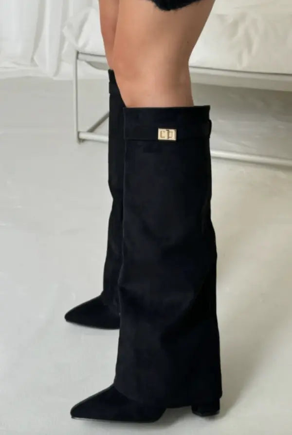 Black Taupe Leather Suede Tall Heeled Boots for Women | Slim Shaft Winter Wear