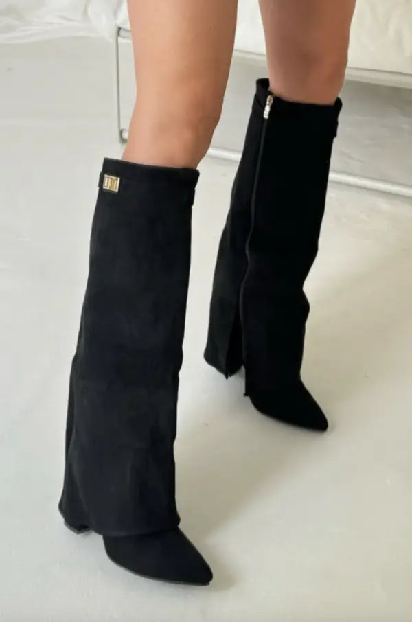 Black Taupe Leather Suede Tall Heeled Boots for Women | Slim Shaft Winter Wear
