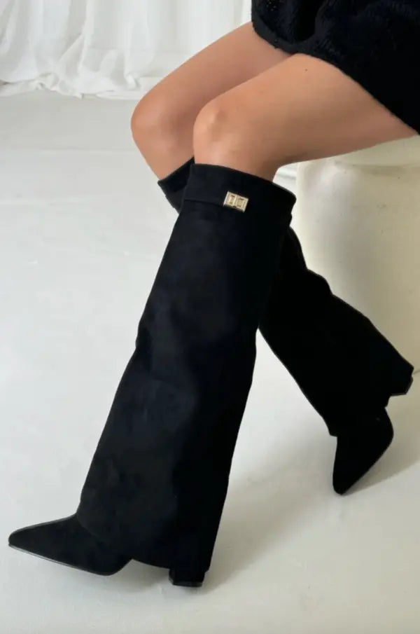 Black Taupe Leather Suede Tall Heeled Boots for Women | Slim Shaft Winter Wear