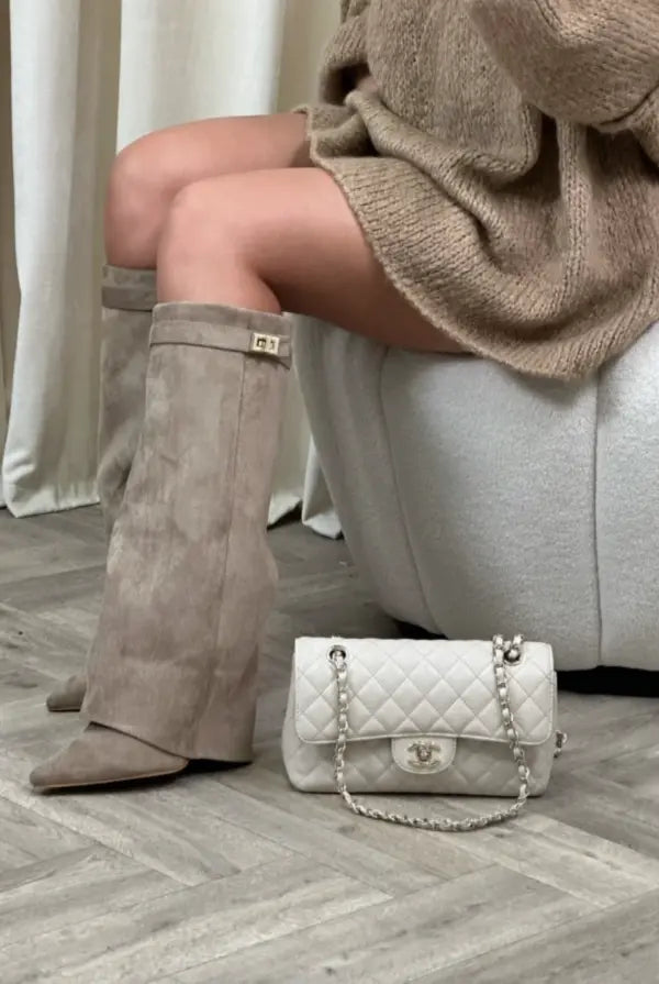 Black Taupe Leather Suede Tall Heeled Boots for Women | Slim Shaft Winter Wear