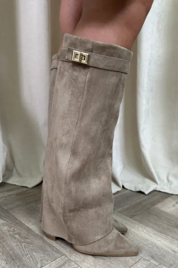 Black Taupe Leather Suede Tall Heeled Boots for Women | Slim Shaft Winter Wear