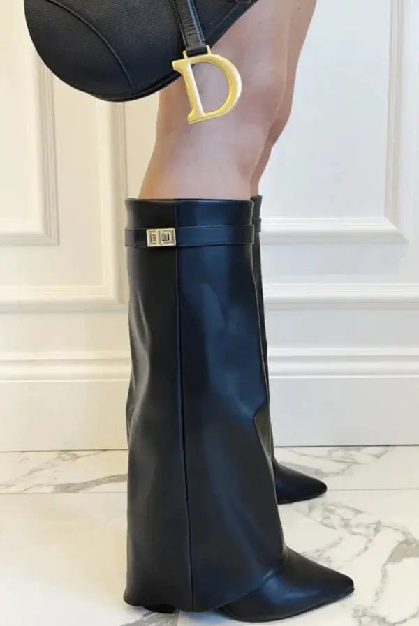 Black Taupe Leather Suede Tall Heeled Boots for Women | Slim Shaft Winter Wear