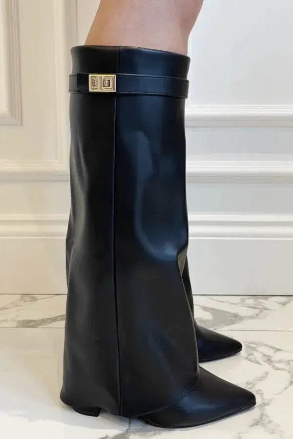 Black Taupe Leather Suede Tall Heeled Boots for Women | Slim Shaft Winter Wear