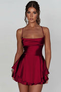 Ruched Square Neckline Flared Backless Halter Cocktail Dress for Women