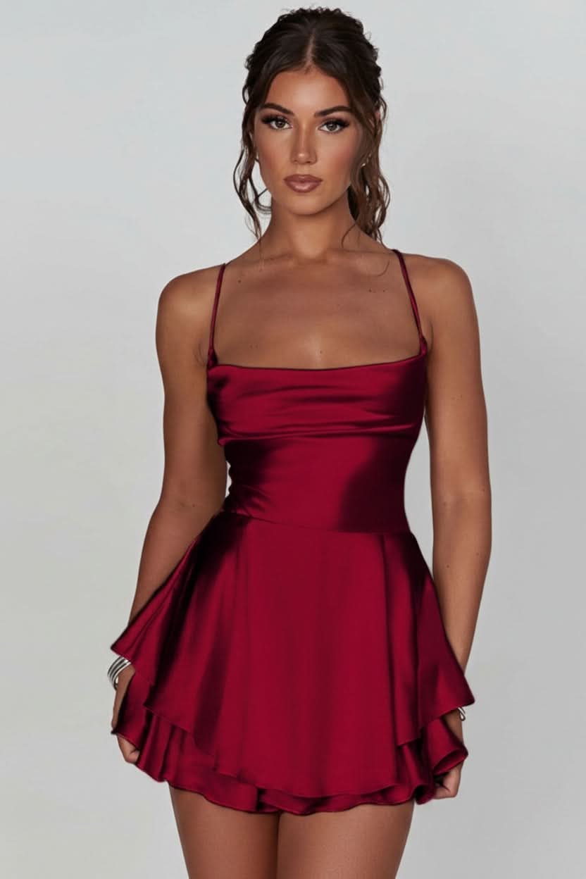 Ruched Square Neckline Flared Backless Halter Cocktail Dress for Women