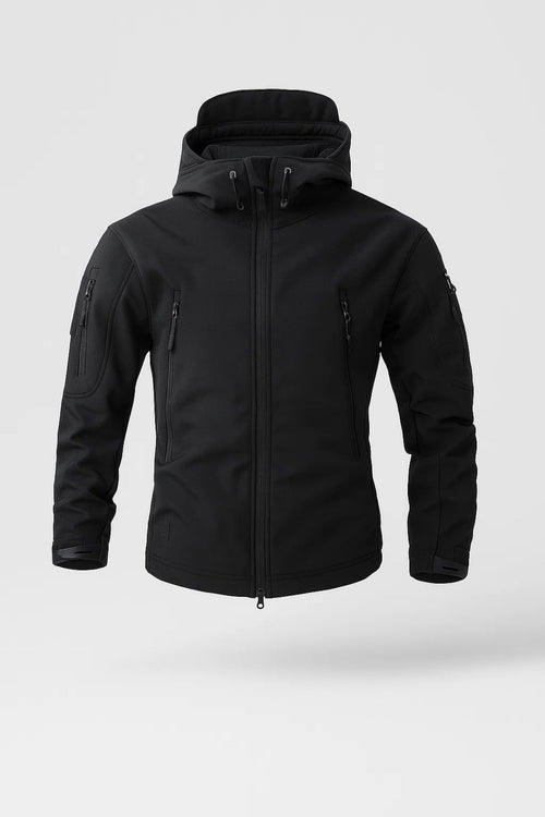 Black Hooded Softshell Zip Pocket Jacket for Men | Outdoor Wear