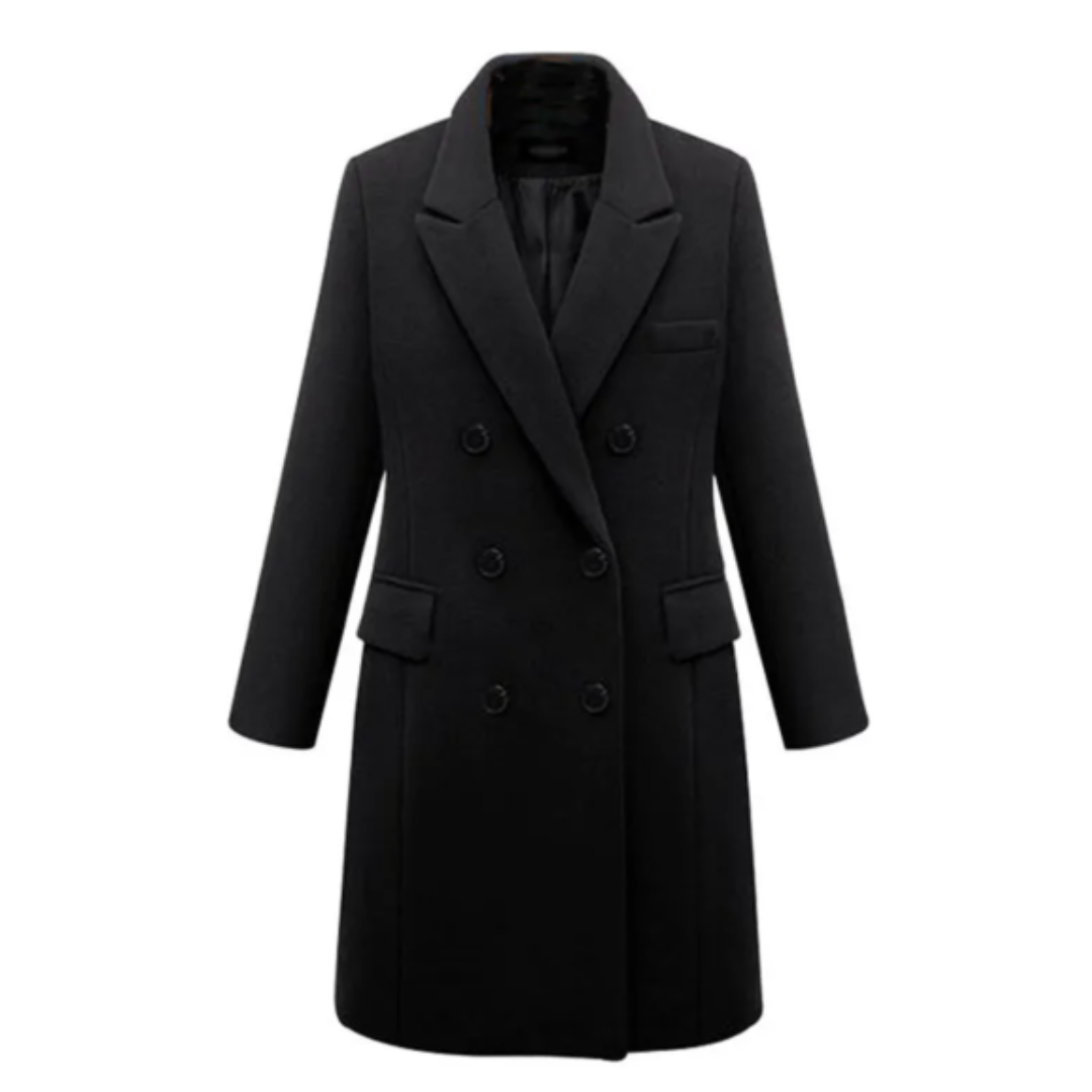 Notched Collar Long Line Tailored Winter Coat with Button Front for Women