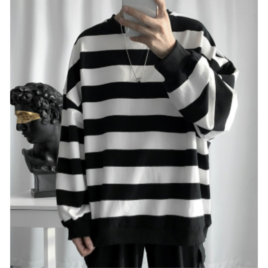 Gray Striped Oversized Long Sleeve Sweater for Men | Casual Wear