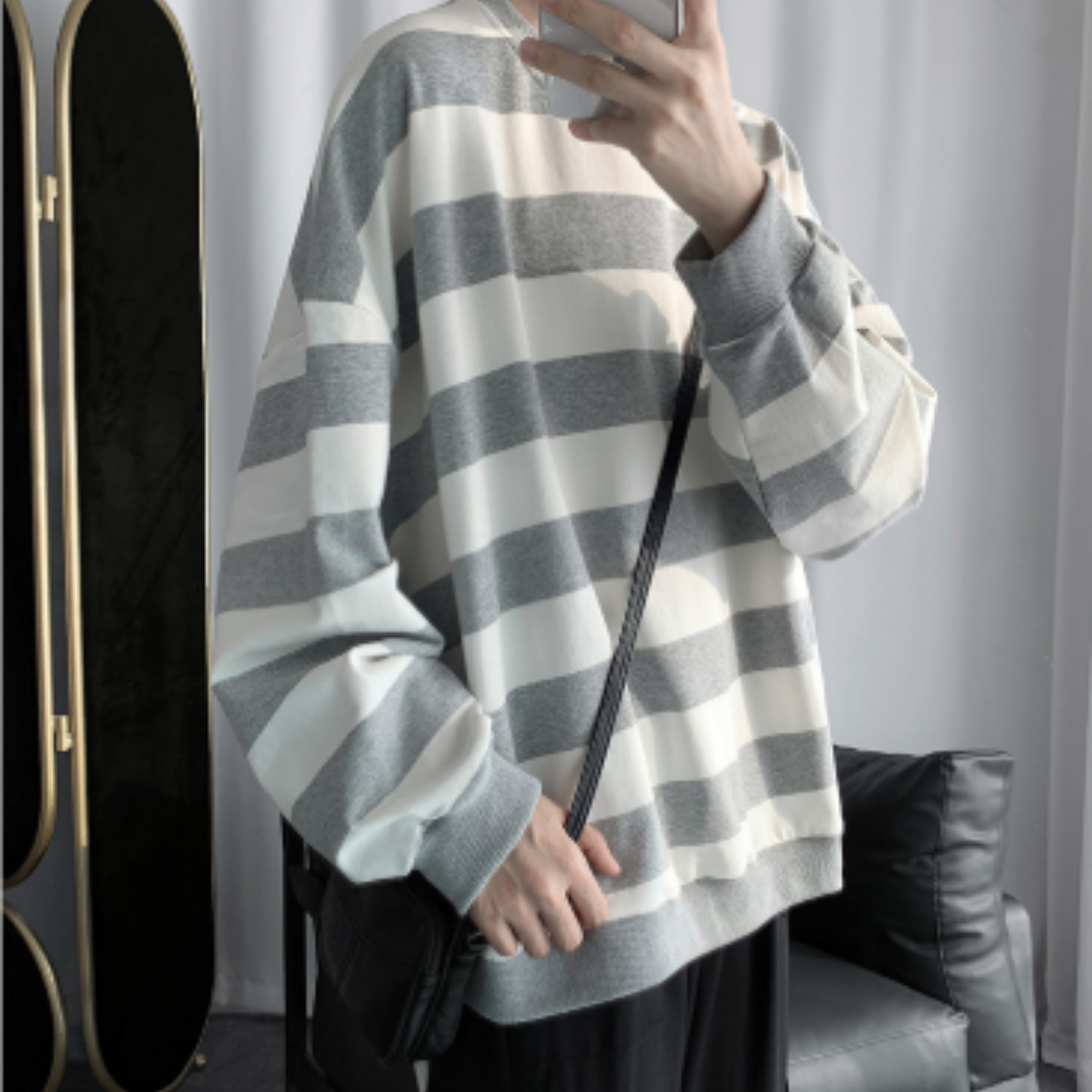 Gray Striped Oversized Long Sleeve Sweater for Men | Casual Wear