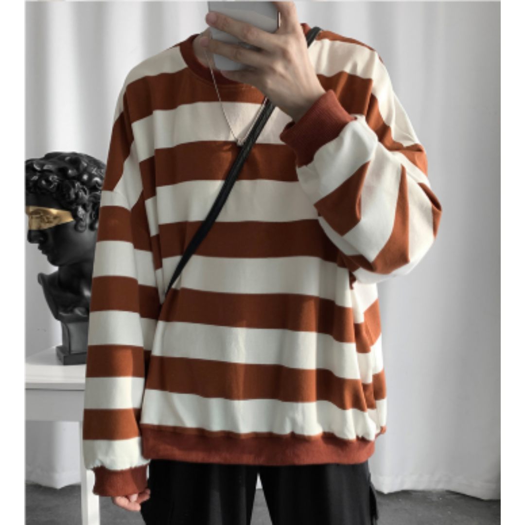 Gray Striped Oversized Long Sleeve Sweater for Men | Casual Wear