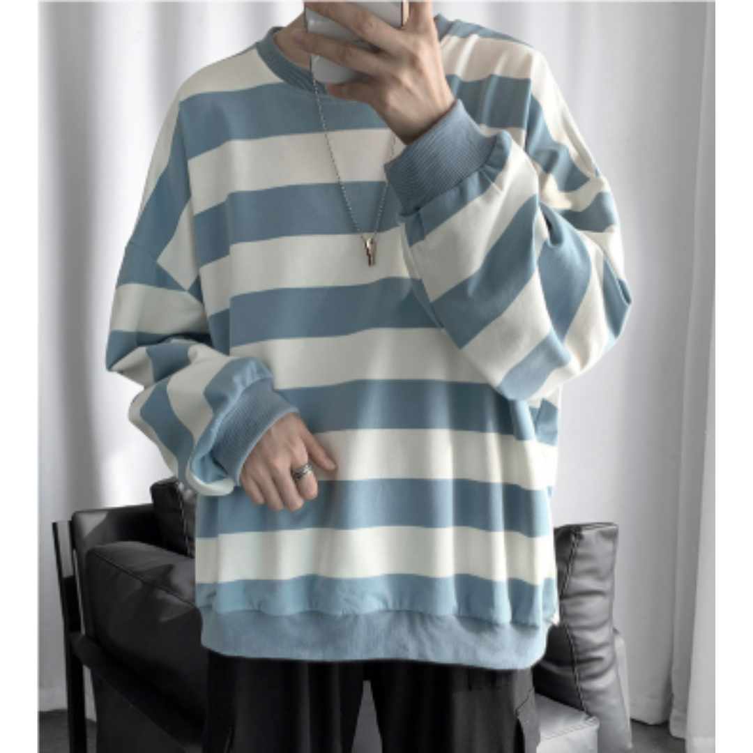 Gray Striped Oversized Long Sleeve Sweater for Men | Casual Wear