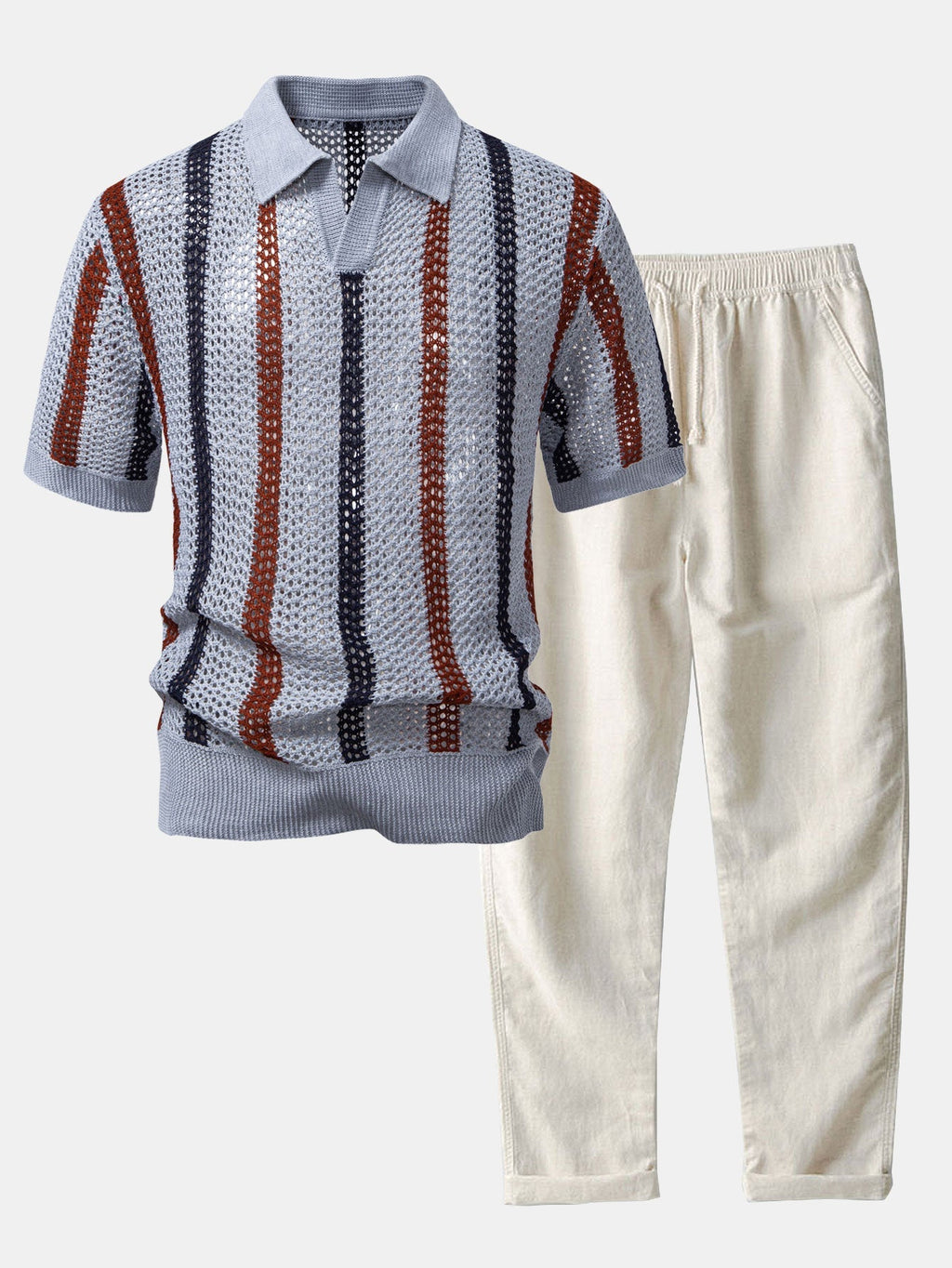 Striped Crochet Knit Polo and Straight Leg Linen Pants Summer Set for Men