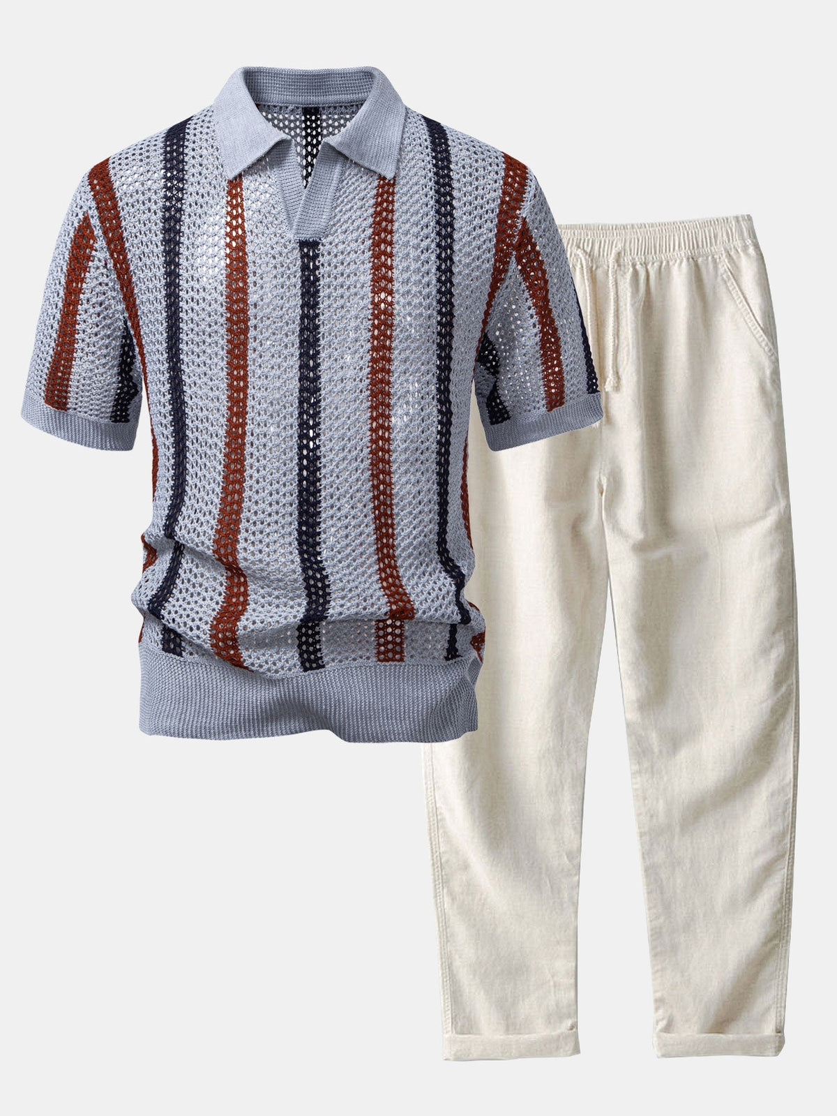 Striped Crochet Knit Polo and Straight Leg Linen Pants Summer Set for Men