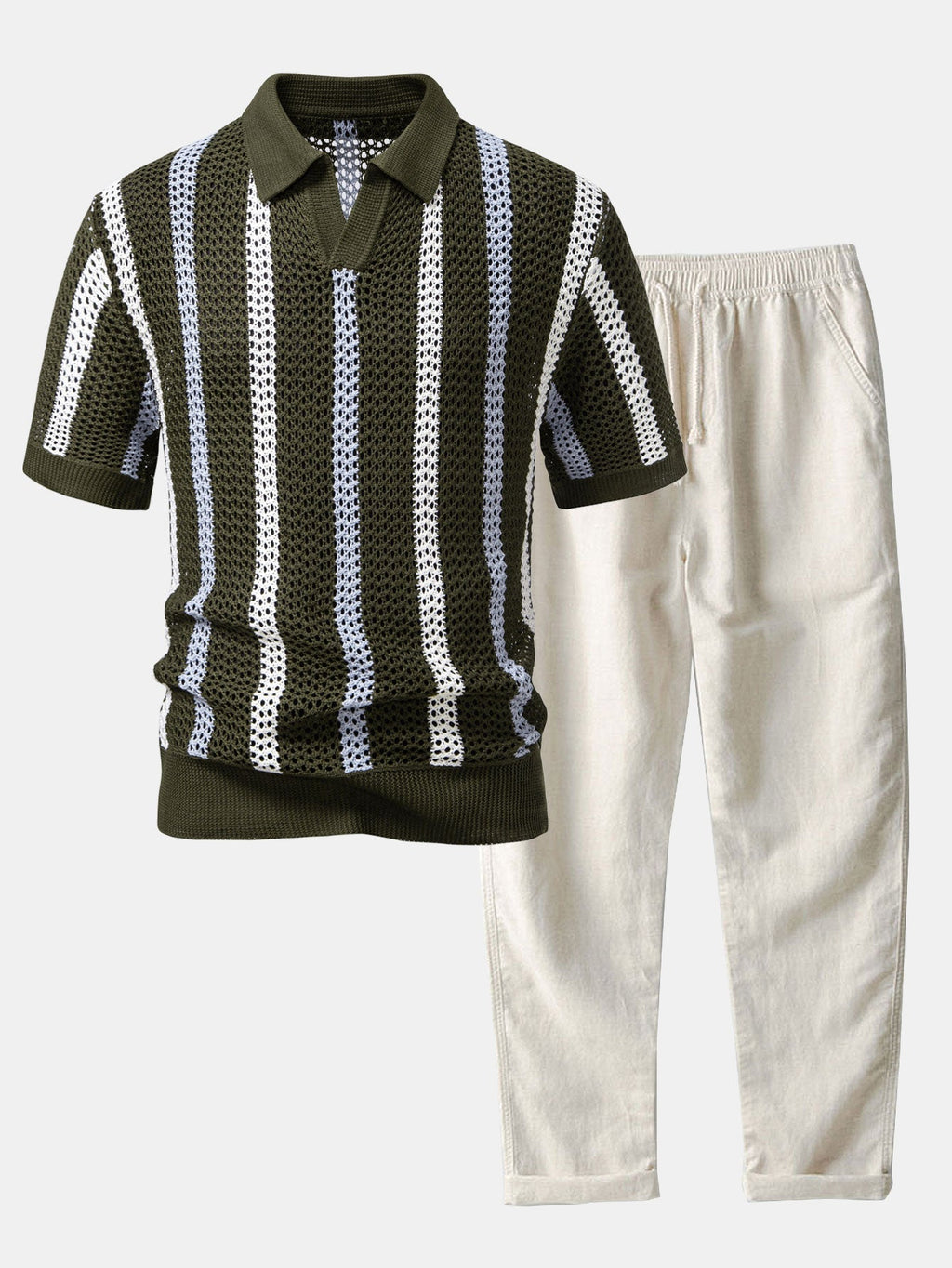 Striped Crochet Knit Polo and Straight Leg Linen Pants Summer Set for Men