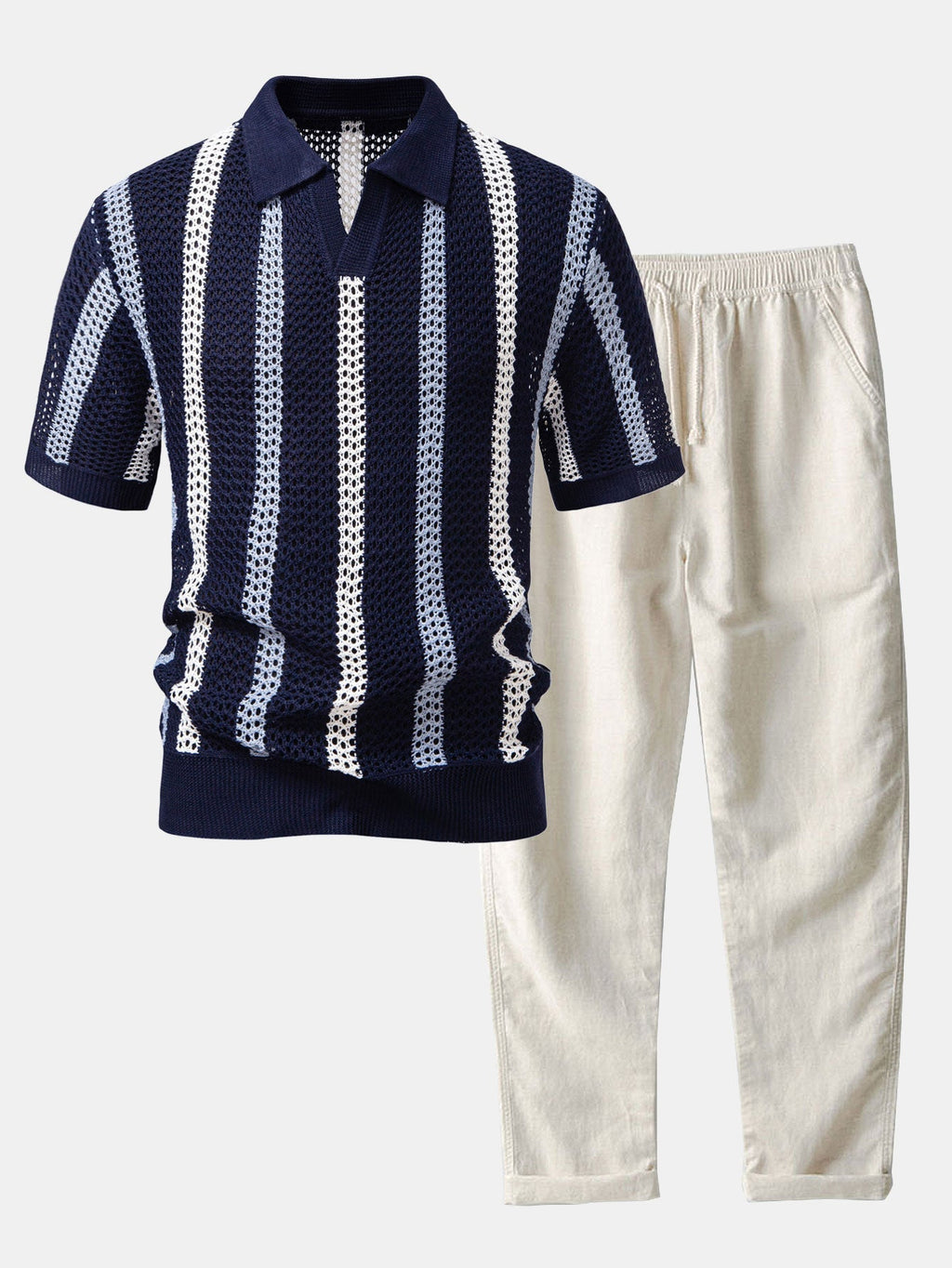 Striped Crochet Knit Polo and Straight Leg Linen Pants Summer Set for Men