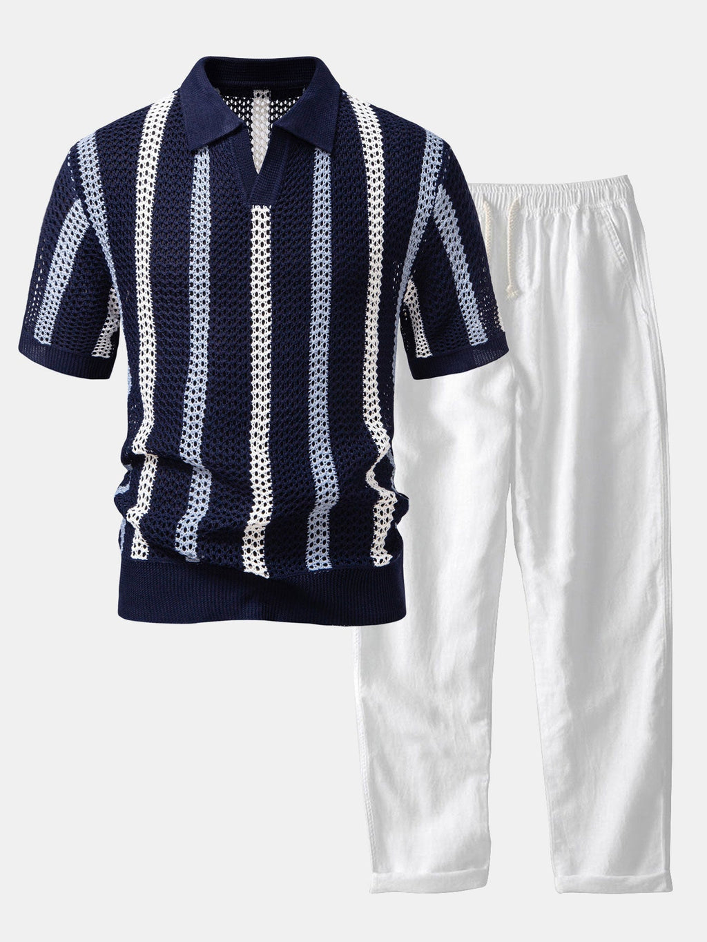 Striped Crochet Knit Polo and Straight Leg Linen Pants Summer Set for Men