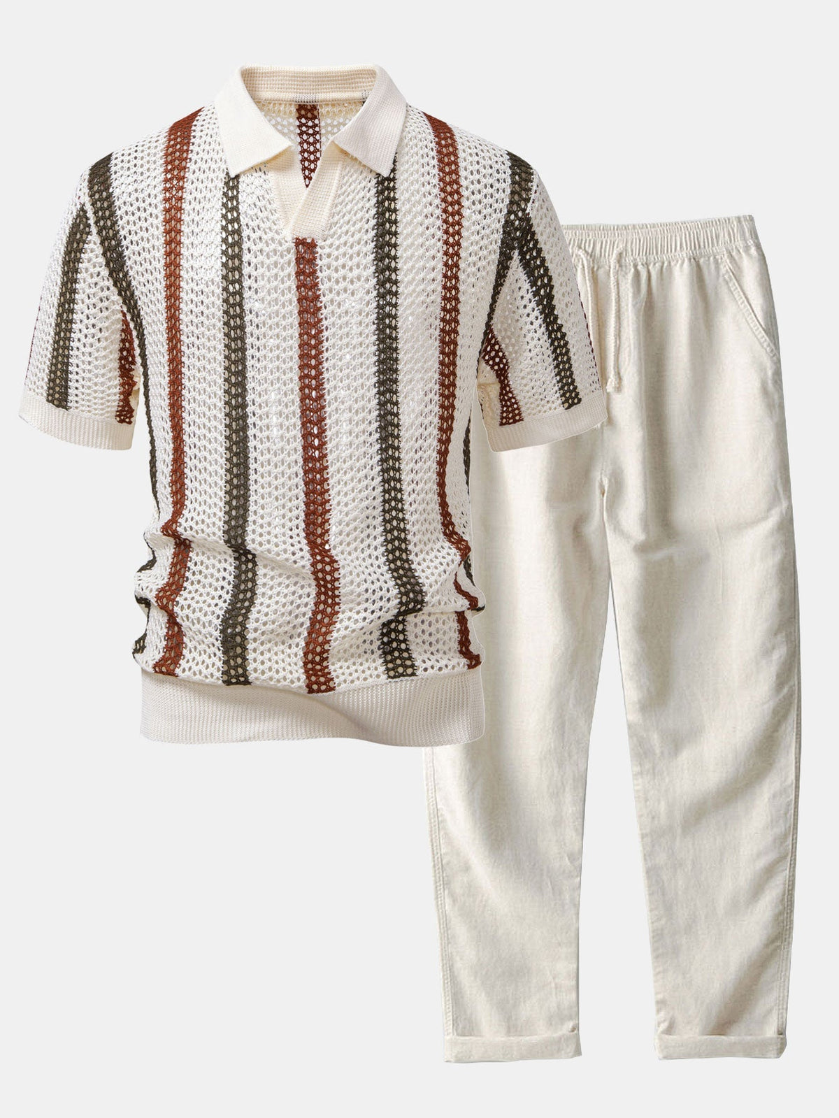 Striped Crochet Knit Polo and Straight Leg Linen Pants Summer Set for Men