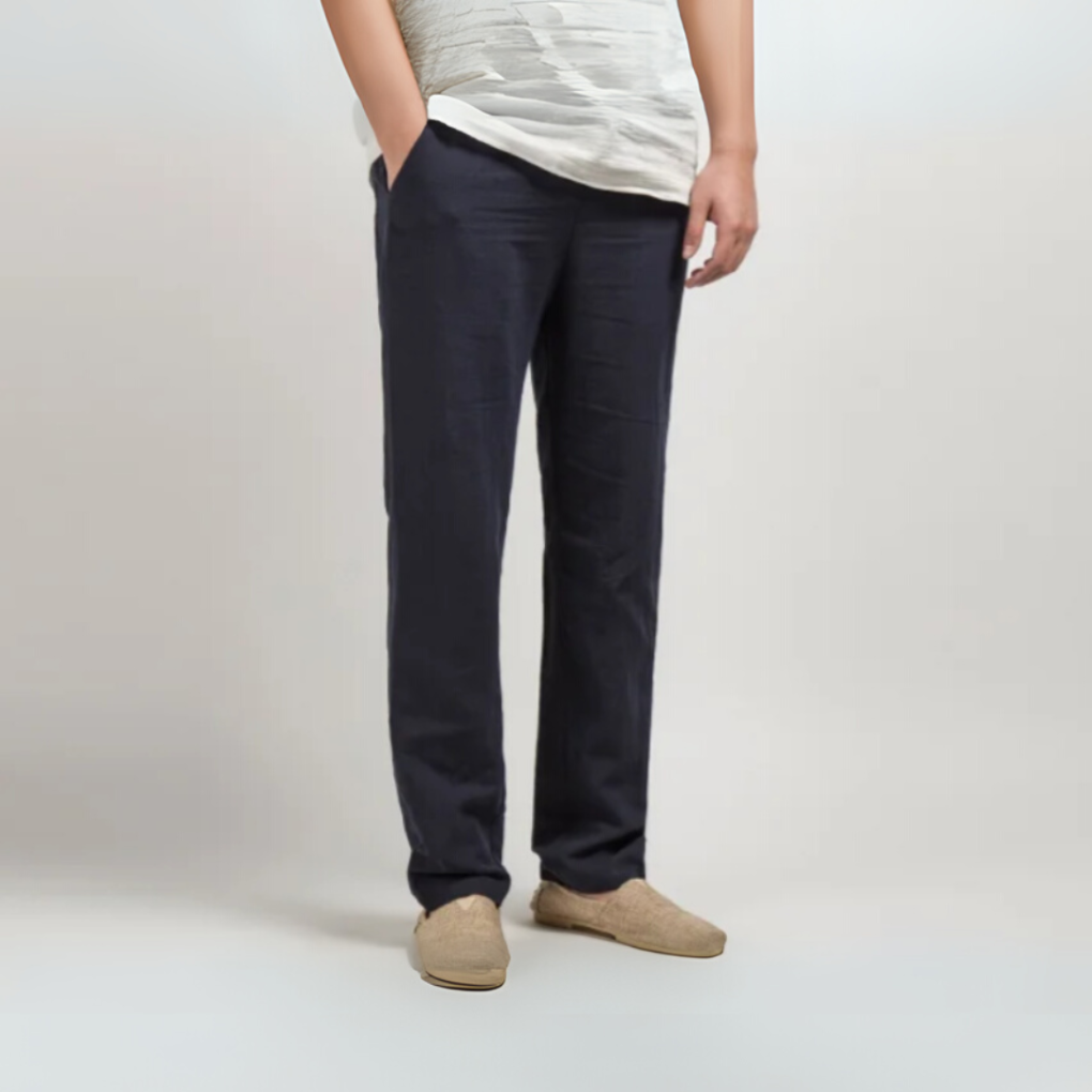 Beige Linen Relaxed Fit Straight Leg Pants for Men | Lightweight Fabric