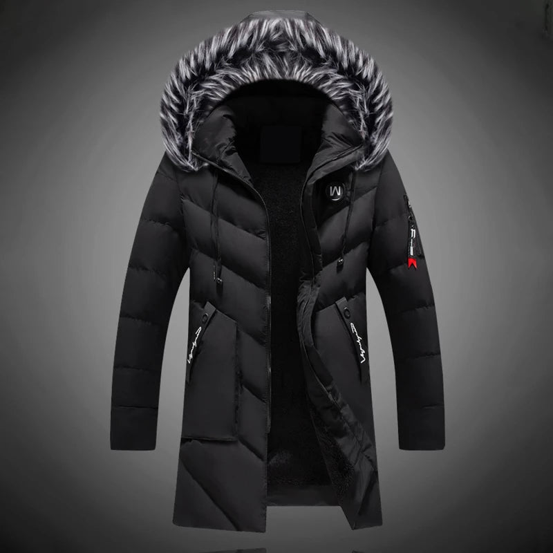 Men's Winter Coat | Long Style with Hood and Front Closure