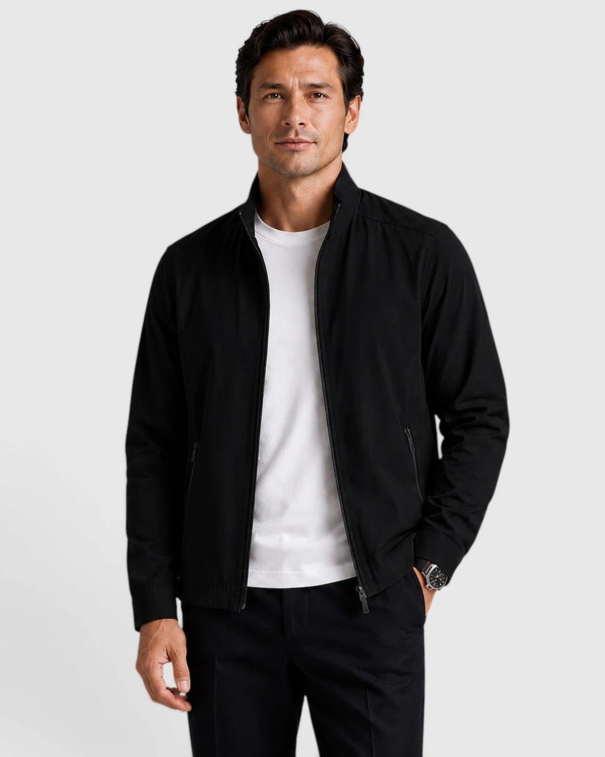 Textured Woven Zip Front Jacket with Structured Collar for Men