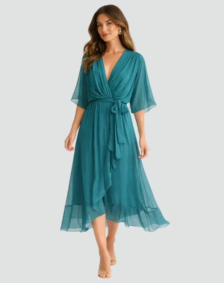 Wrap V-Neck Long Sleeve Midi Dress for Women | Wedding Guest Occasion