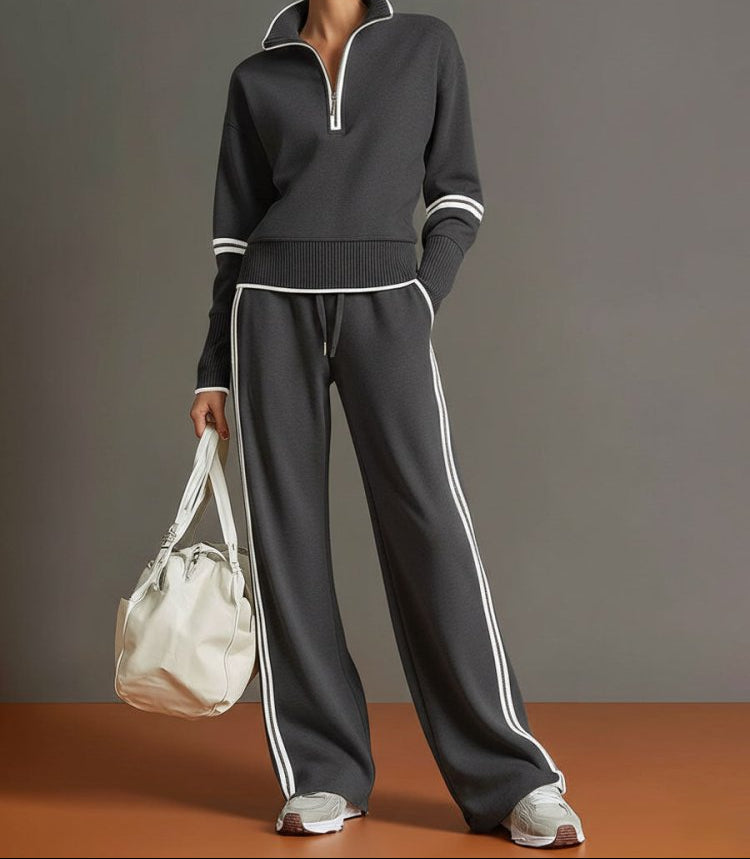 Stretch Half Zip Wide Leg Lounge Set for Women | Drawstring Waist Travel Wear
