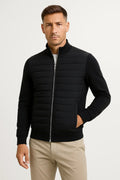 Black Polyester Cotton Quilted Jacket with Knit Sleeves for Men