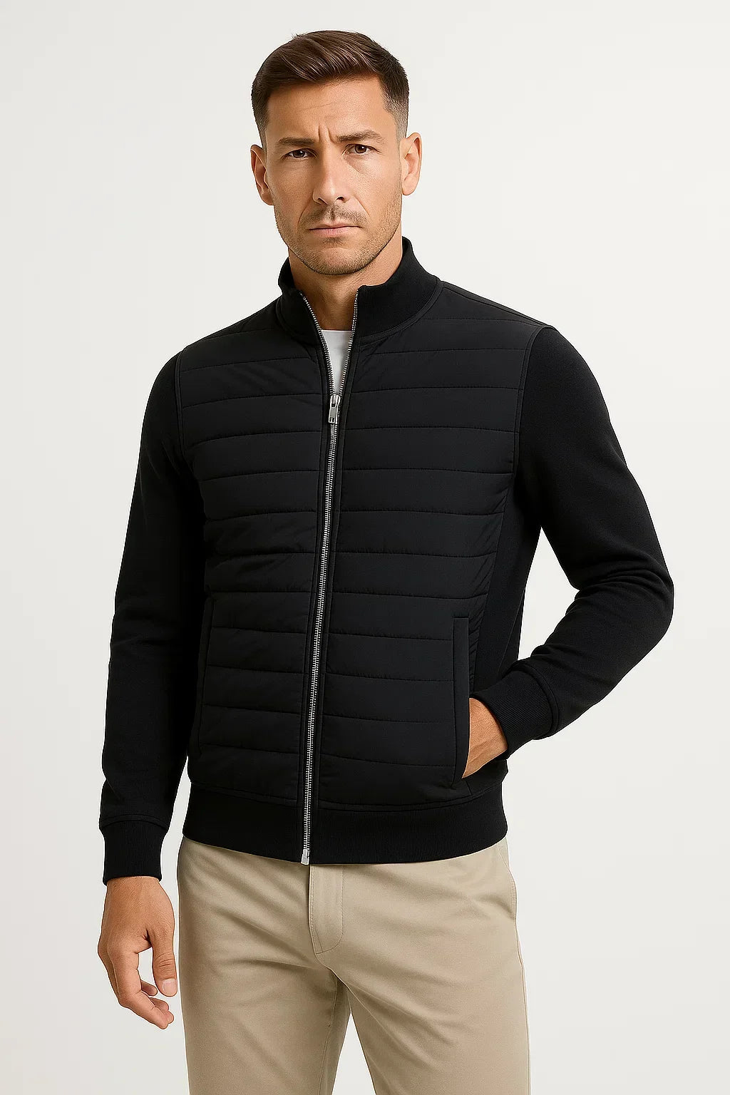Black Polyester Cotton Quilted Jacket with Knit Sleeves for Men